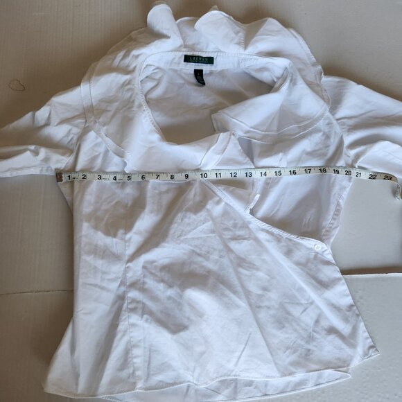 Lauren Ralph Lauren Women's Large White Ruffle Deep V Neck Long Sleeve Wrap Top - Picture 11 of 14